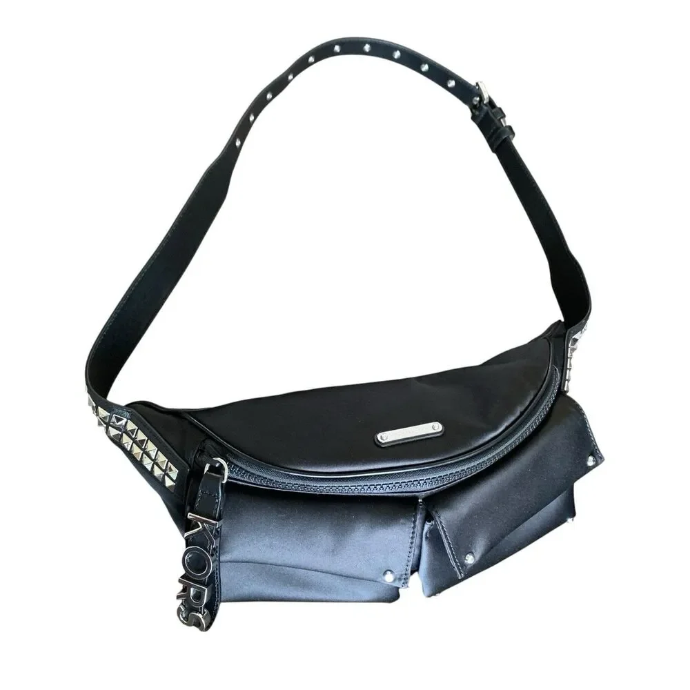 Michael Kors Olivia Large Studded Satin Belt Bag Black Silver Zip Up Goth NWOT